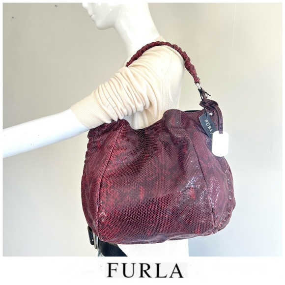 Furla Handbags - FURLA NEW Burgundy Snake Python Embossed Leather Single Handle Hobo Shoulder Bag